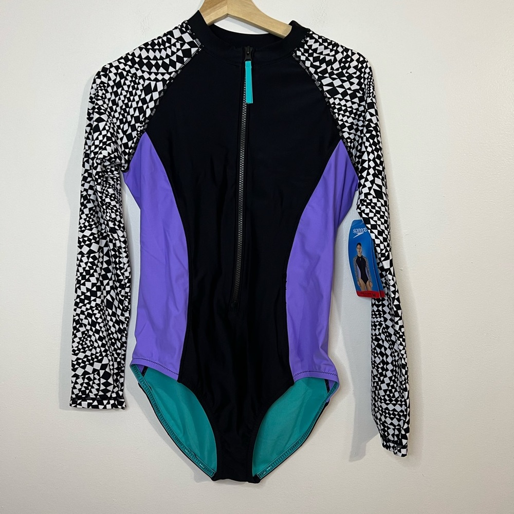 New Speedo One Piece Long Sleeve Swimsuit Rash Guard UV Protection